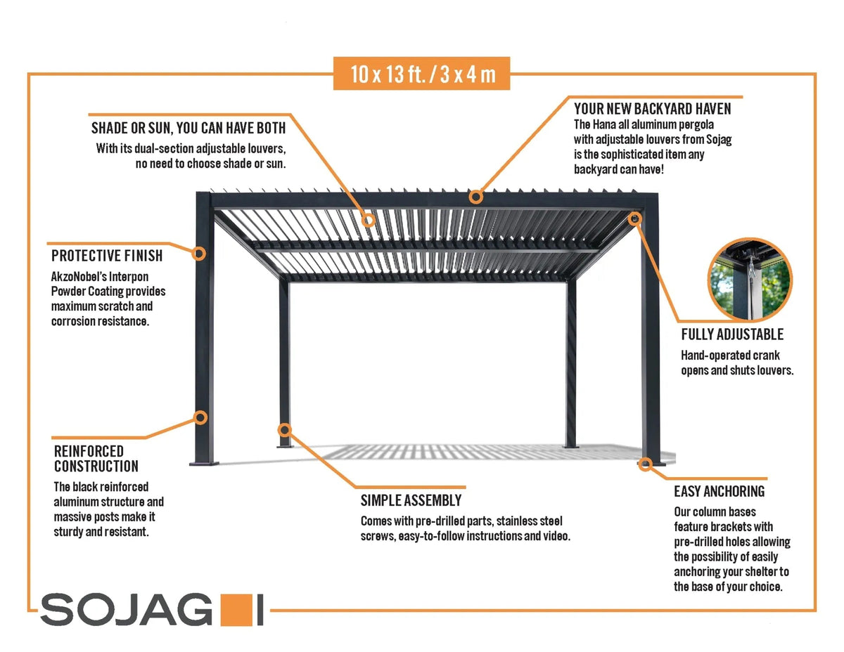 Sojag Hana 13x10 ft Black Louvered Pergola | Grizzly Shelter