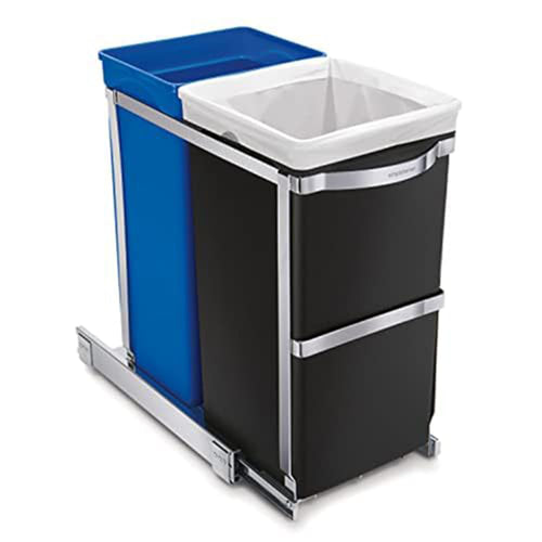 35 Liter / 9.3 Gallon Dual Compartment Under Counter Kitchen Cabinet Pull-Out Recycling Bin and Trash Can, Chrome