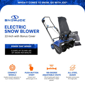 Snow Joe Electric Snow Blower, 22", Dual LED Lights, Cover Included
