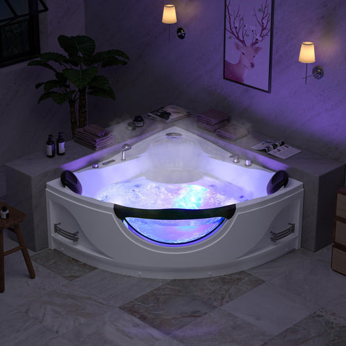 Corner Whirlpool Bathtub for 2-Person, Luxury Jetted Spa Tub with 10 Hydro Massage Jets, Built-in Heater