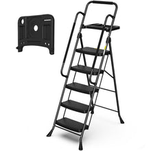 5 Step Ladder with Handrails, Folding Step Stool with Tool Platform, 330 LBS Portable Steel Ladder for Adults for Home Kitchen Library Office, Black