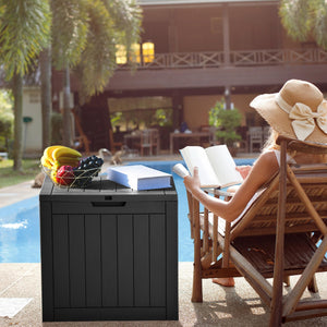 30 Gallon Deck Box Outdoor Storage Box, Waterproof Resin Package Delivery and Storage Box with Lockable Lid for Patio Furniture Cushions, Pool Accessories, Garden Tools, Black
