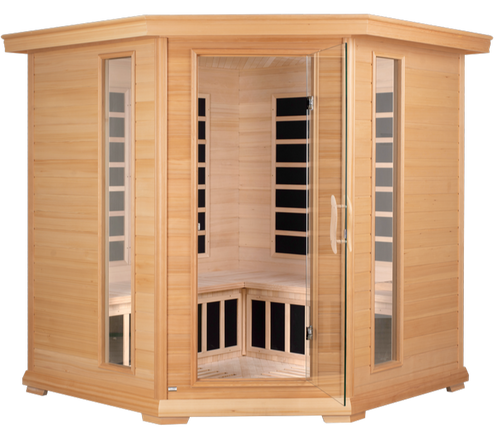 Vienna, Corner Spacious Infrared Sauna Canadian Hemlock Ultra Low EMF, 12 Heaters, 4-5 Persons