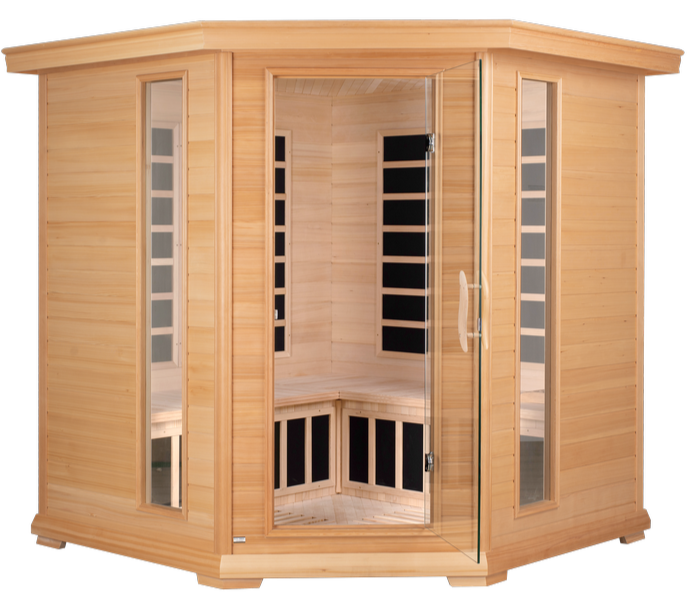 Vienna, Corner Spacious Infrared Sauna Canadian Hemlock Ultra Low EMF, 12 Heaters, 4-5 Persons