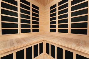 Vienna, Corner Spacious Infrared Sauna Canadian Hemlock Ultra Low EMF, 12 Heaters, 4-5 Persons