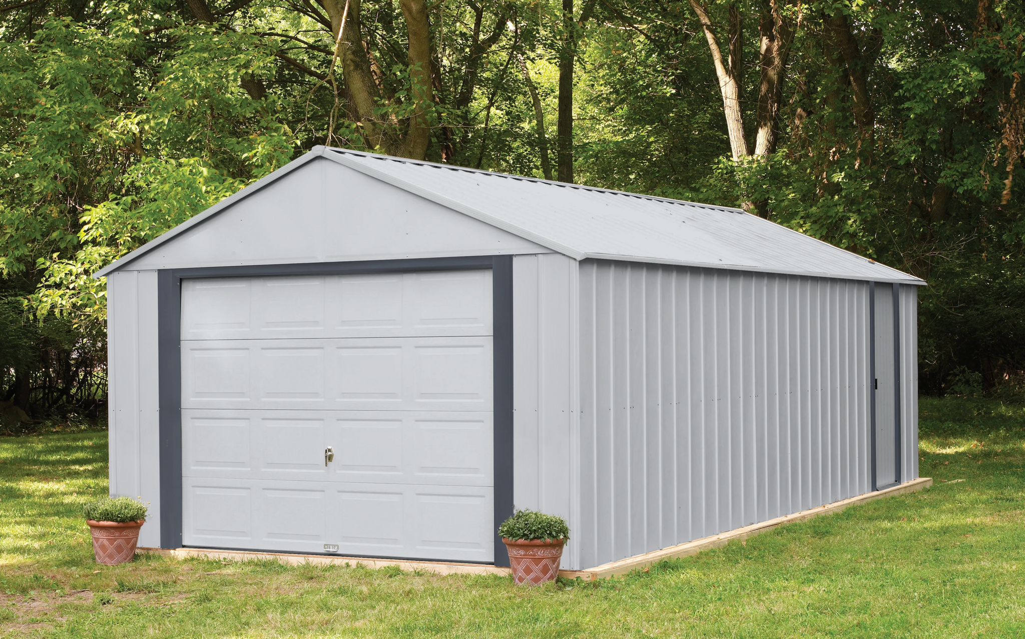 12 Year Steel Garage With Rollup Door Light Grey – Grizzly Shelter Ltd.